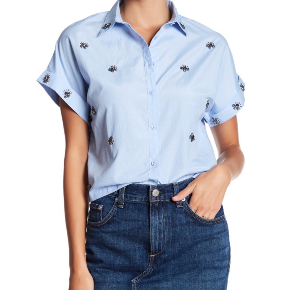 Lea and Viola Embellished Chambray Blouse